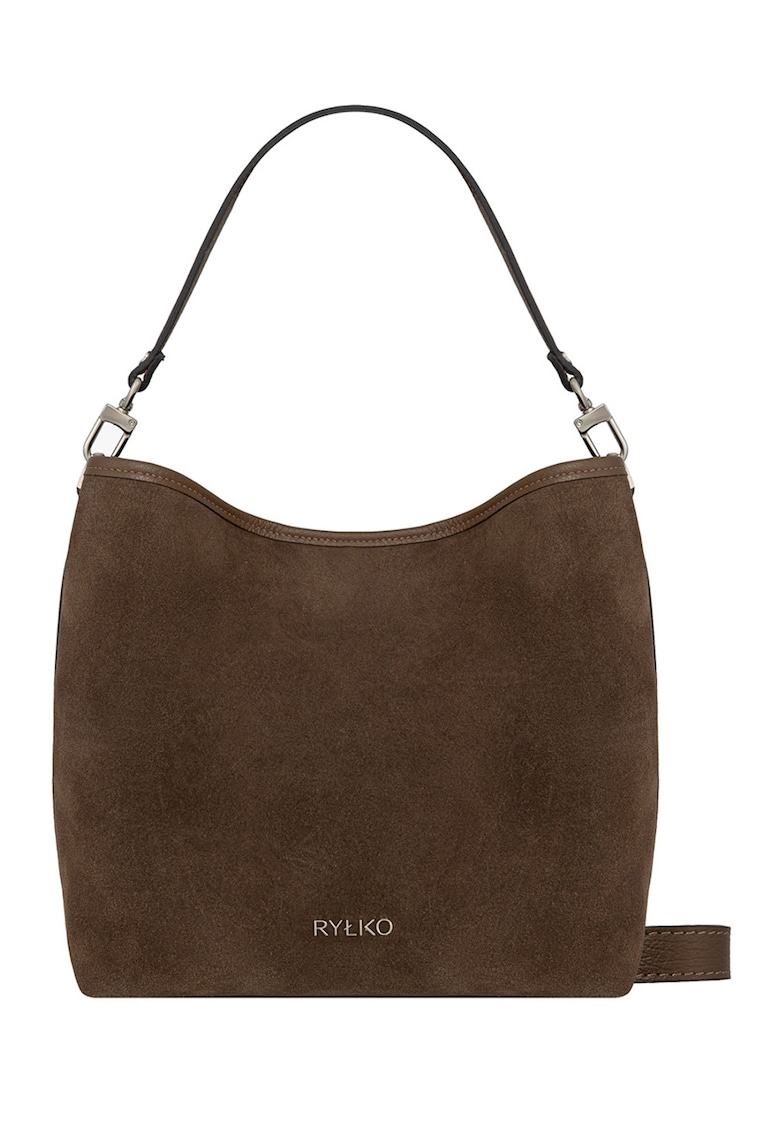 Geanta crossbody din piele cu insertii din piele intoarsa - Maro