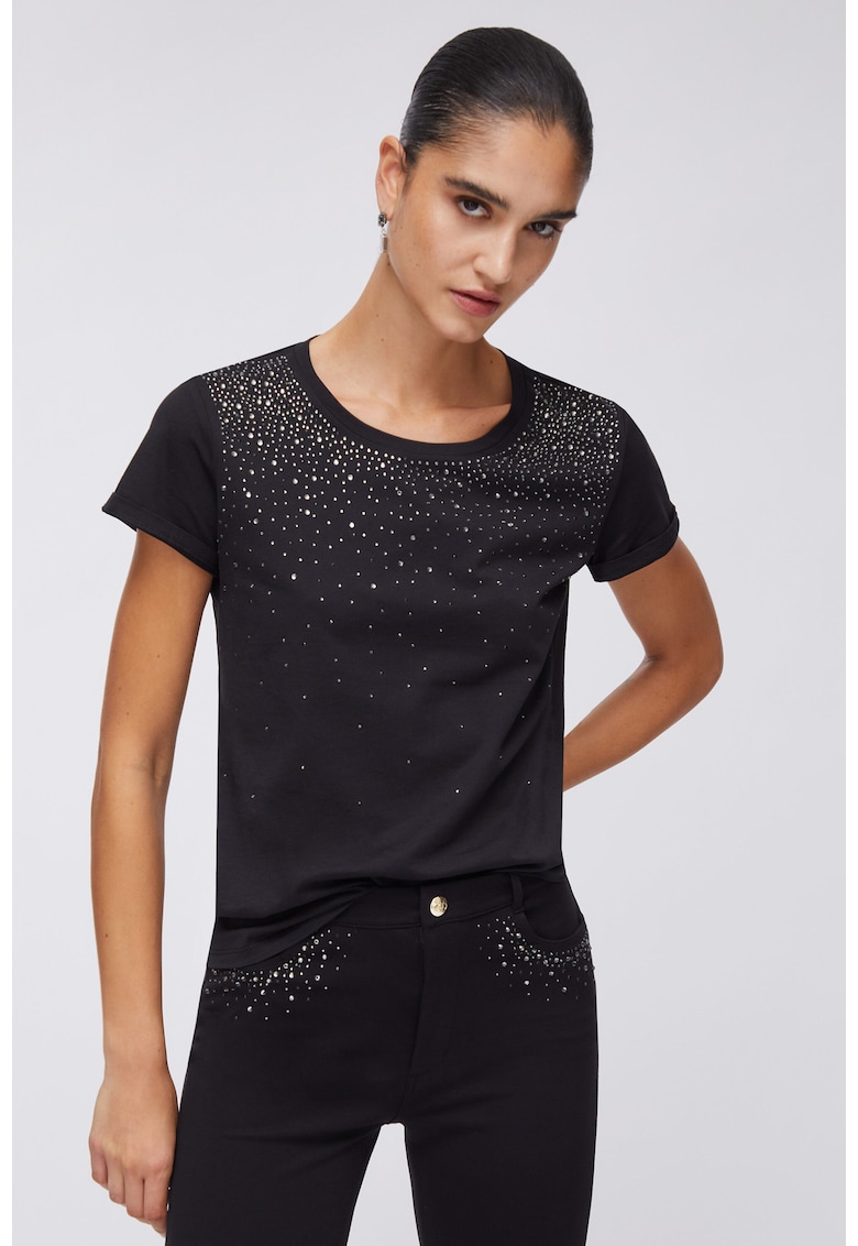 Tricou de bumbac cu strasuri - Negru