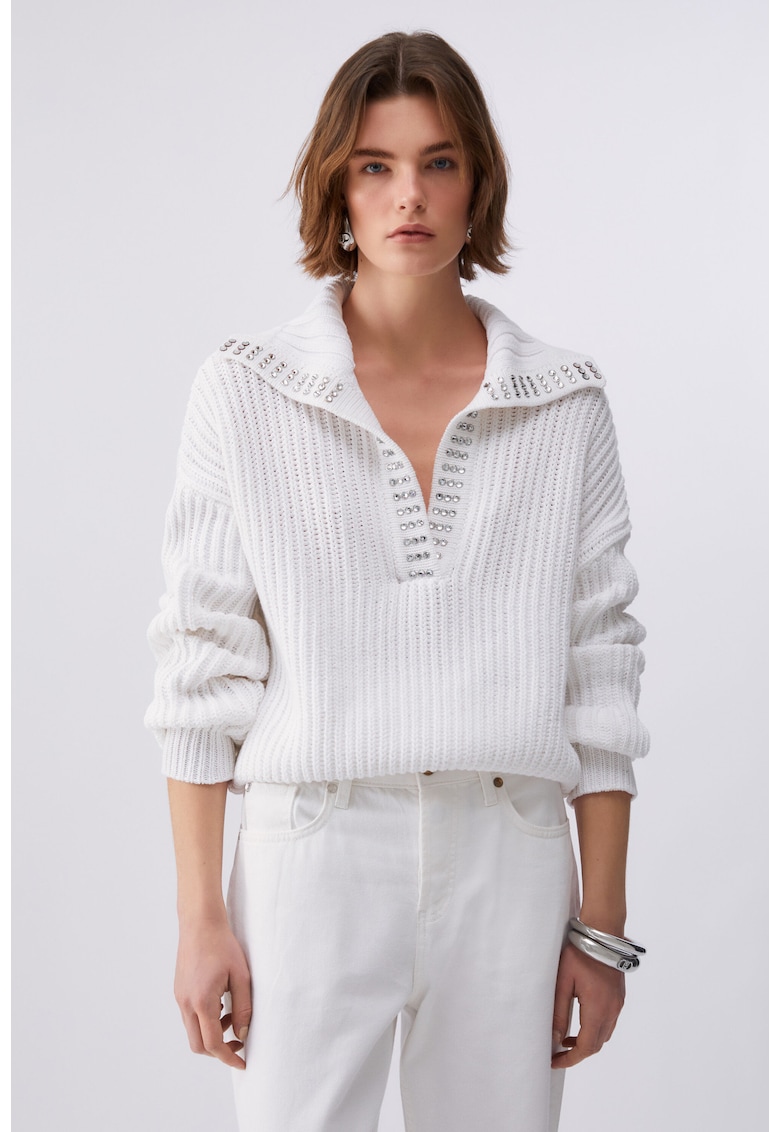 Pulover cu decolteu in V si strasuri - Alb