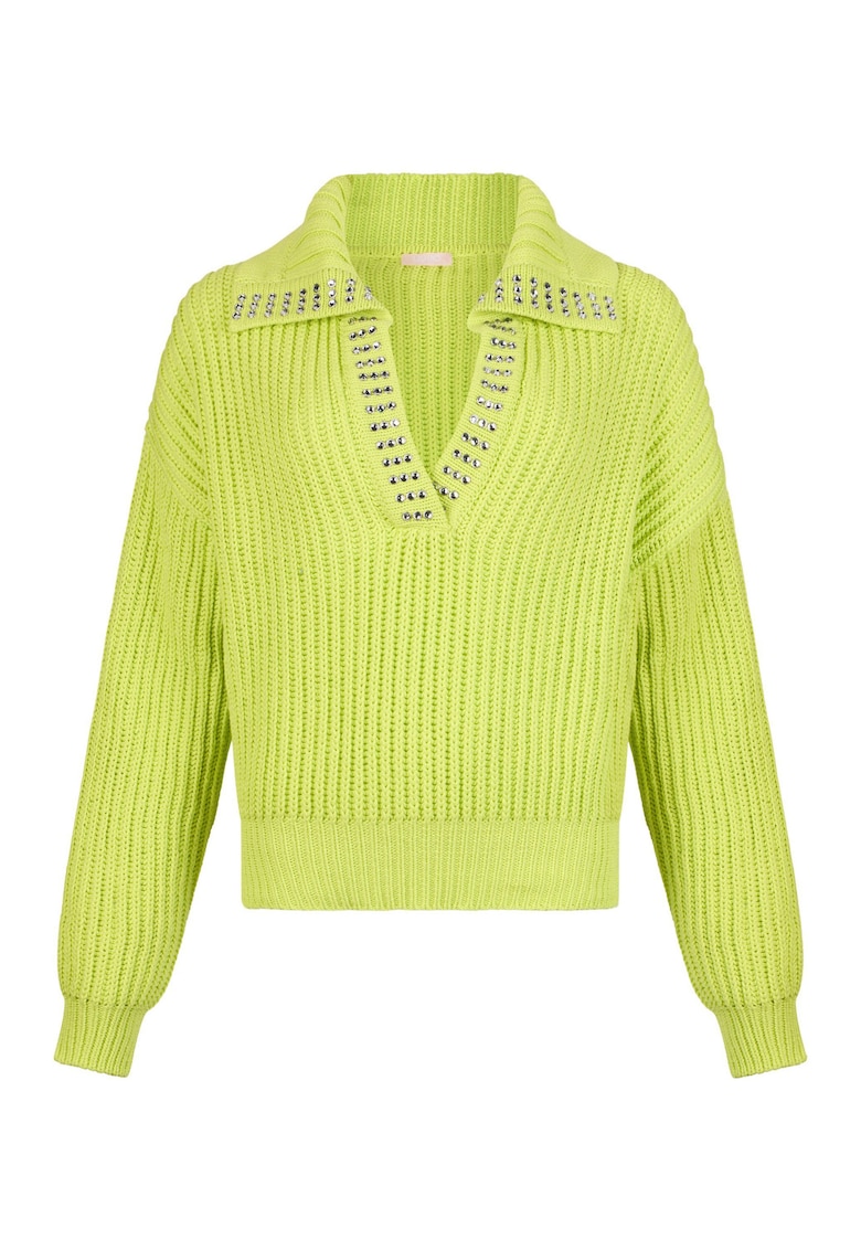 Pulover cu decolteu in V si strasuri - Verde lime