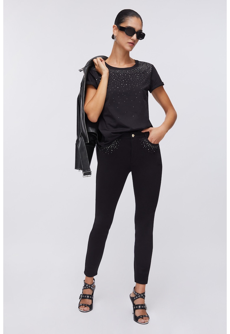 Blugi skinny cu aplicatii cu strasuri - Negru - XS - Negru
