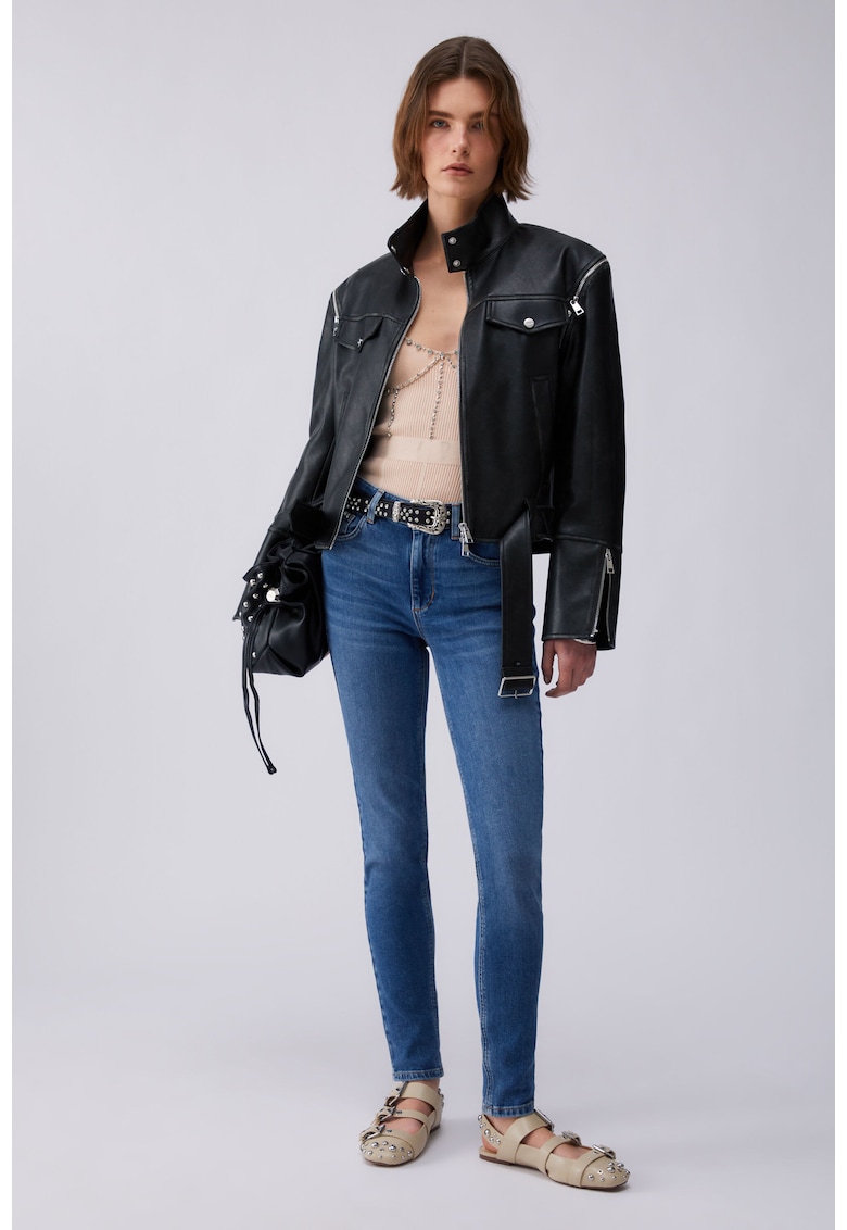 Blugi skinny cu talie inalta si strasuri - Bleumarin