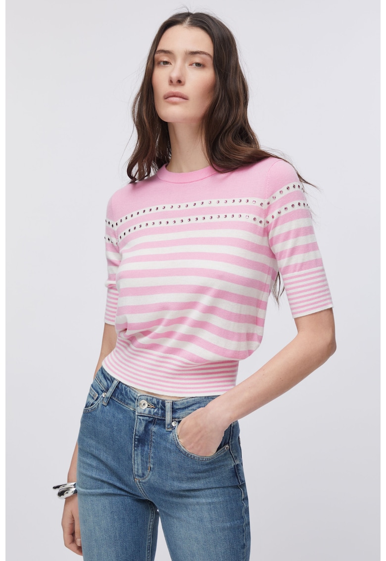 Pulover din amestec de lana cu dungi - Roz