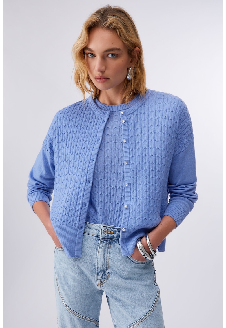 Pulover din amestec de lana cu model torsade - Albastru deschis