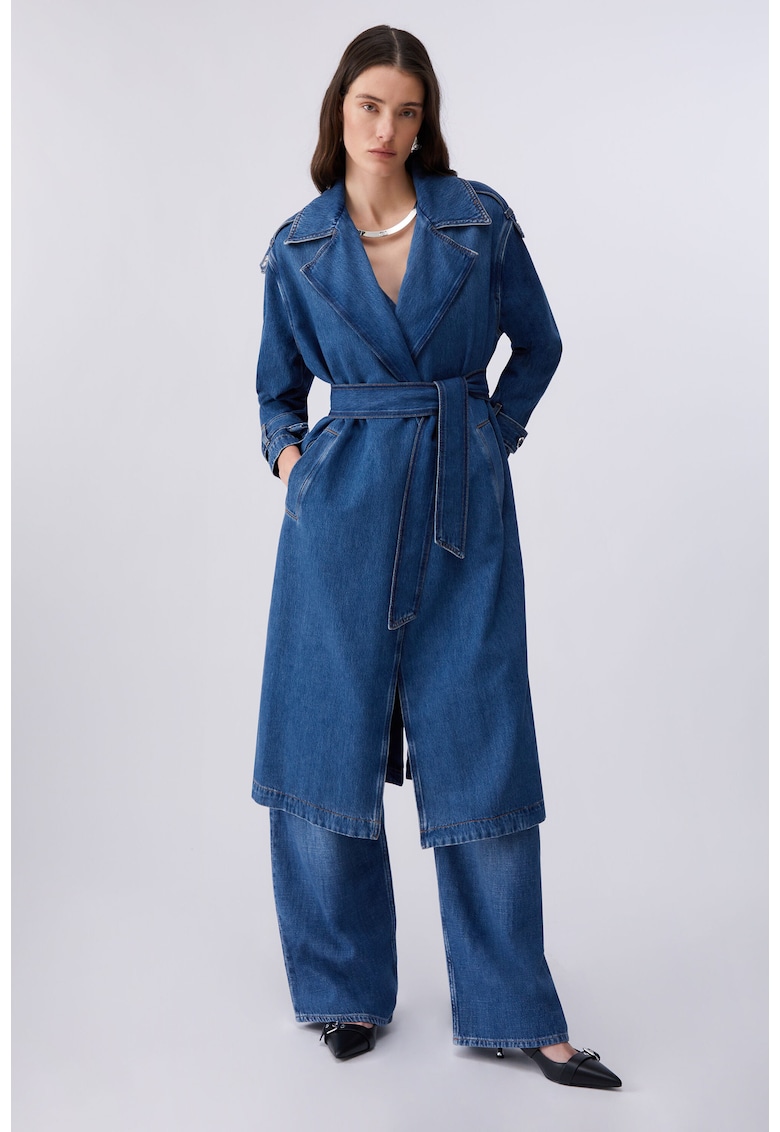 Trenci din denim cu cordon si epoleti - Albastru inchis