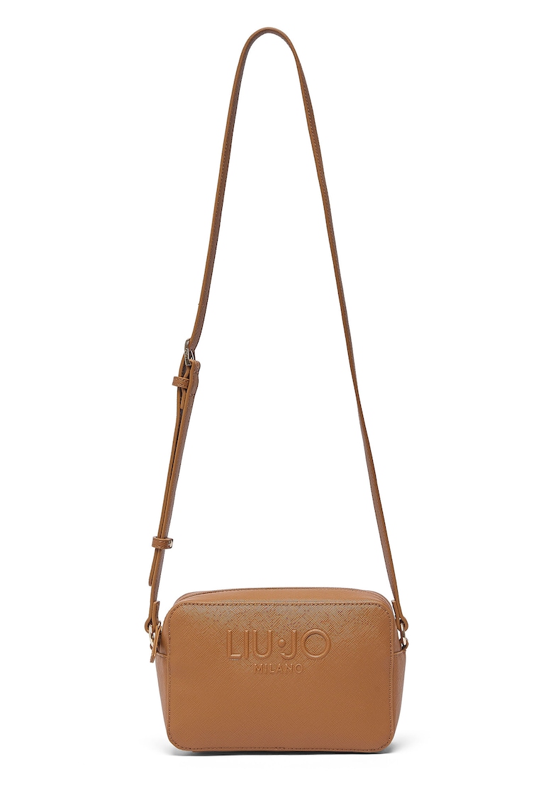 Geanta crossbody de piele ecologica cu logo in relief - Maro camel