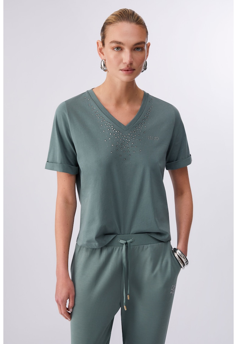 Tricou de bumbac cu decolteu in V - Verde