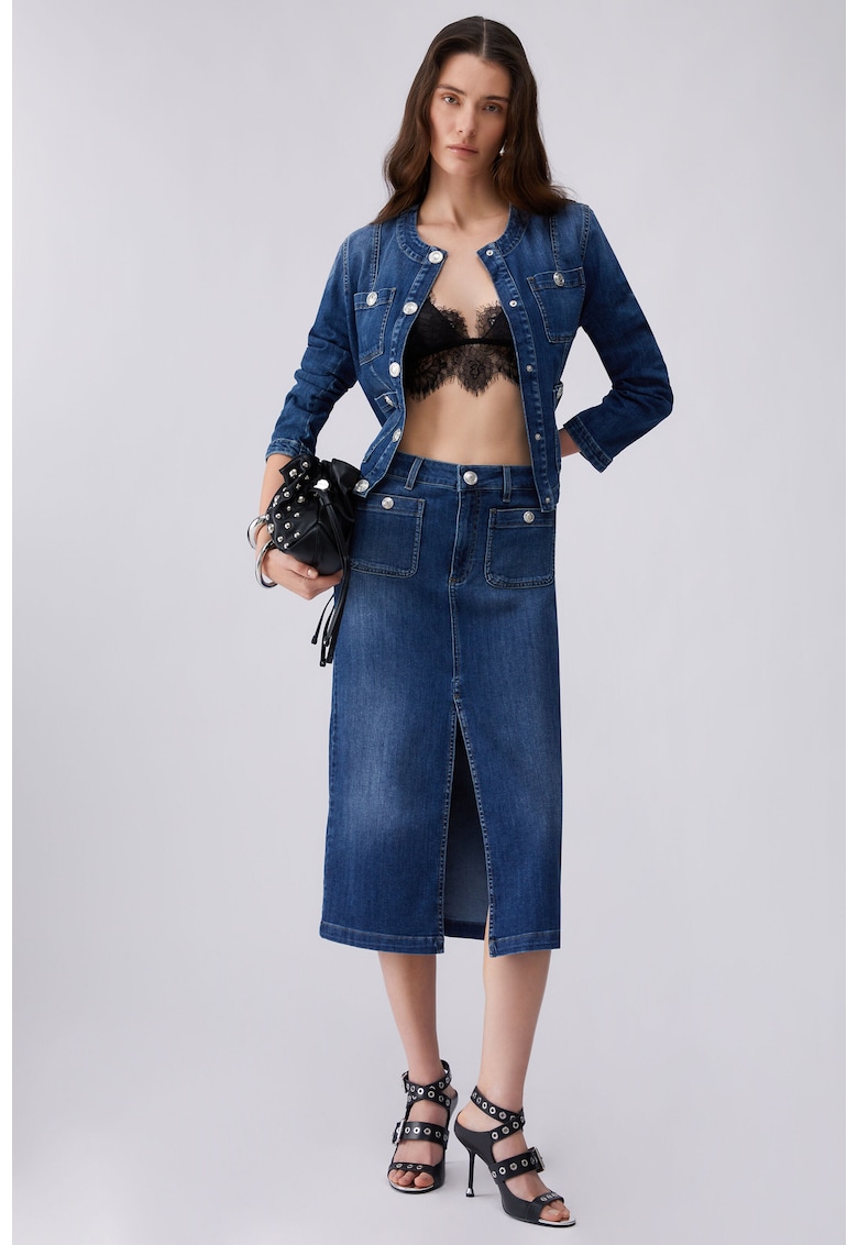 Jacheta din denim cu buzunare cu logo - Bleumarin