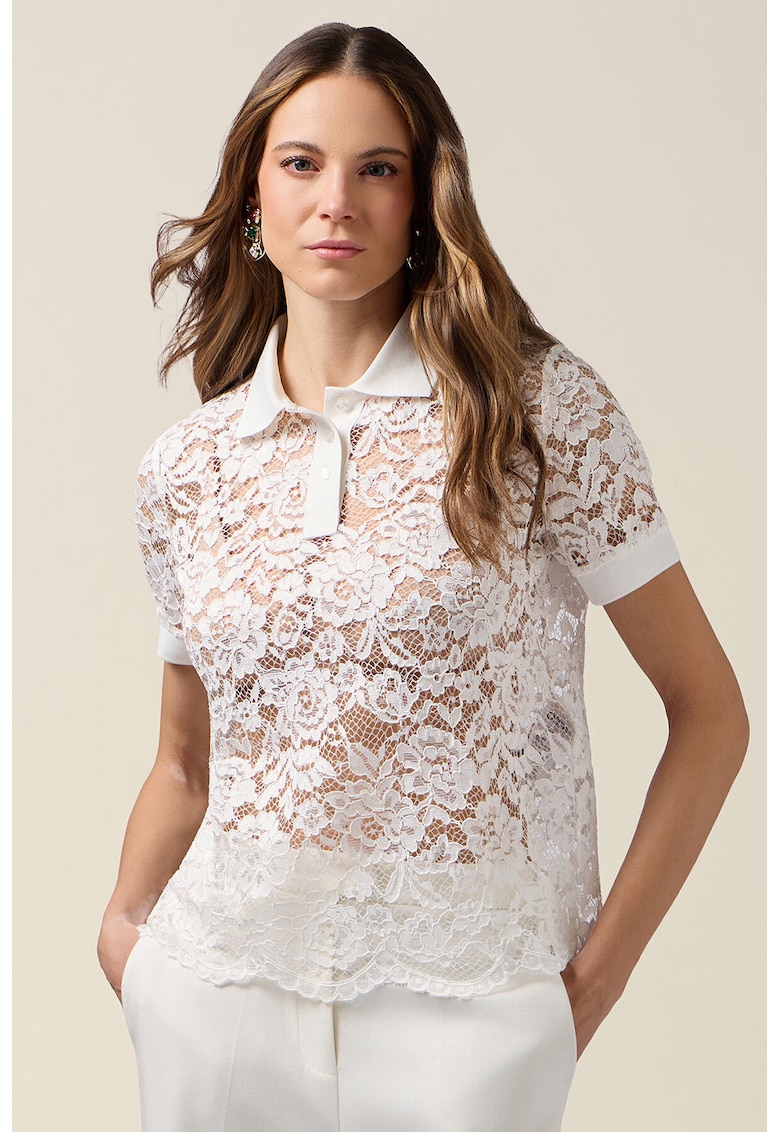 Tricou polo cu perforatii si broderie - Alb