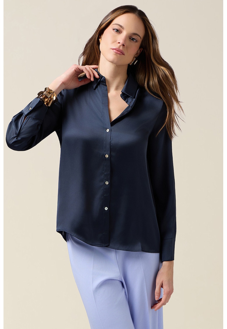Camasa lejera din satin cu model uni - Albastru ultramarin