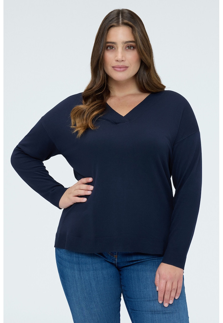 Pulover cu decolteu in V si maneci cazute - Albastru ultramarin