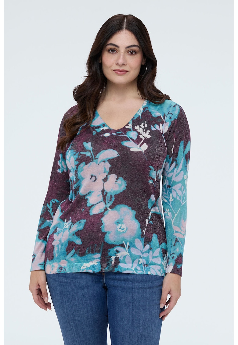 Pulover cu decolteu in V si model floral - Alb/Violet aubergine/Albastru deschis