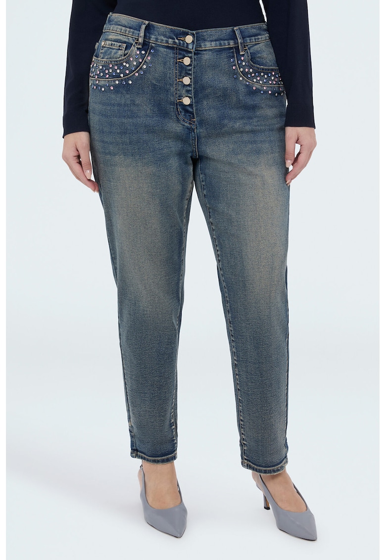 Blugi cu croiala conica - aspect decolorat si aplicatii cu strasuri - Alb fildes/Albastru prafuit