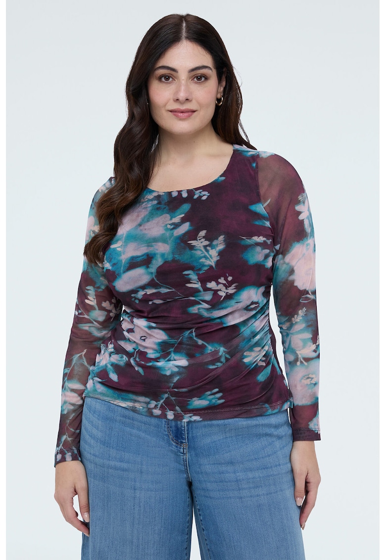 Bluza slim fit cu decolteu rotund - Piersica/Violet tyrian/Verde persan