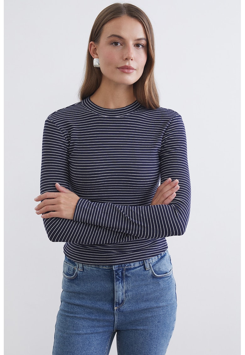 Bluza slim fit in dungi - Alb/Bleumarin