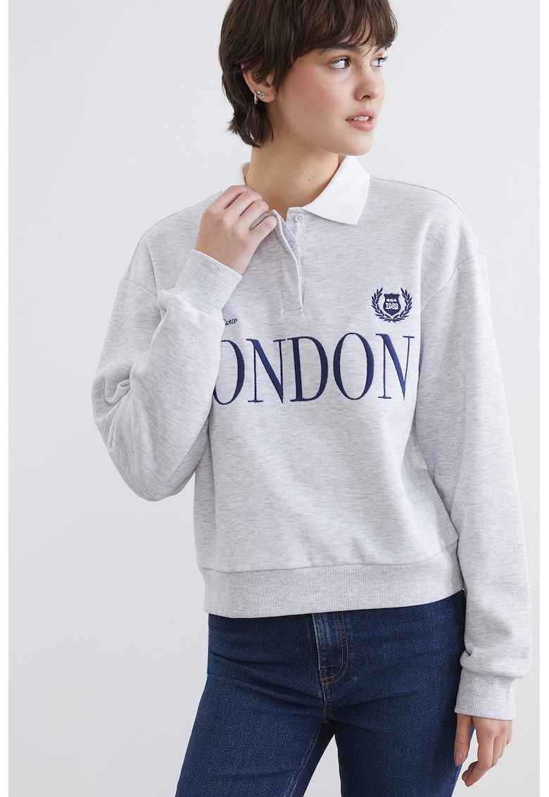 Bluza de trening polo varsity cu broderie - Gri deschis melange