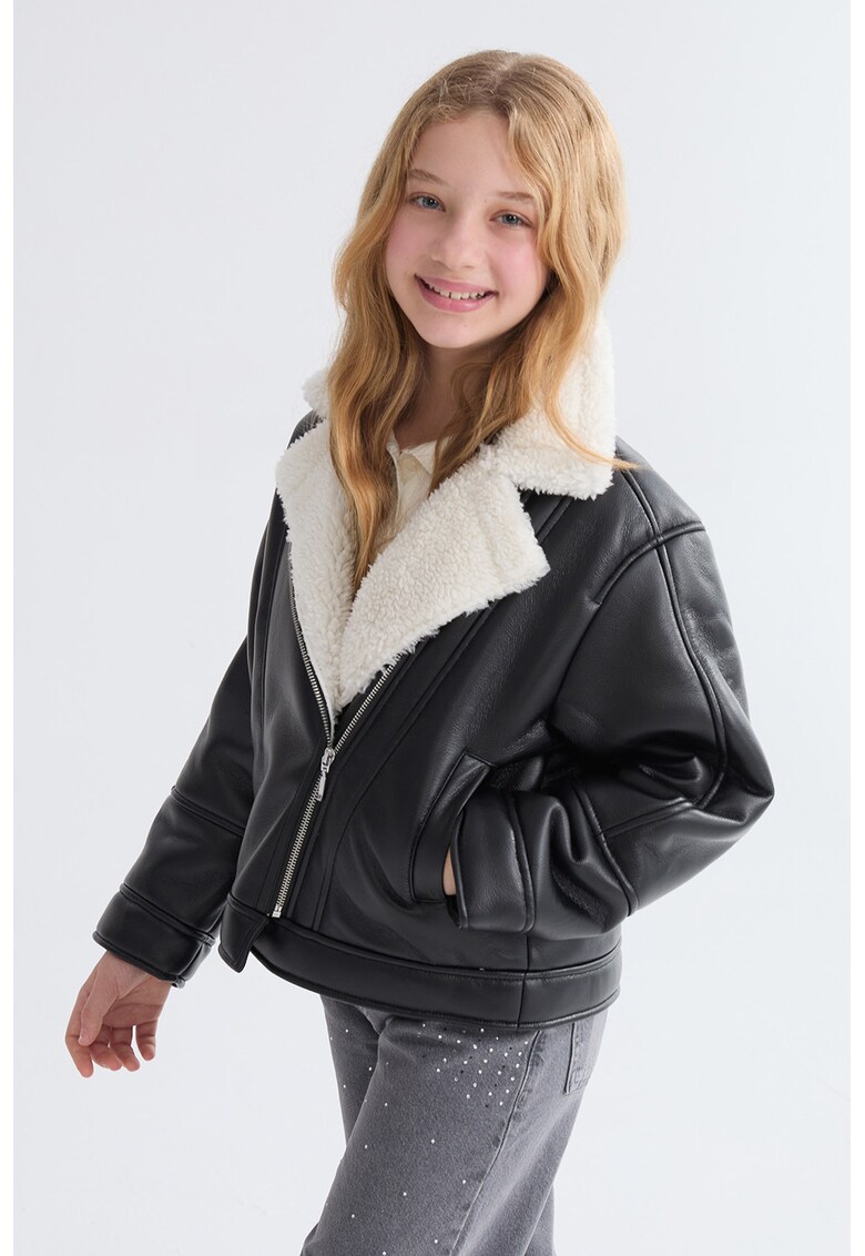 Jacheta de piele cu gulerde blana sintetica - Negru