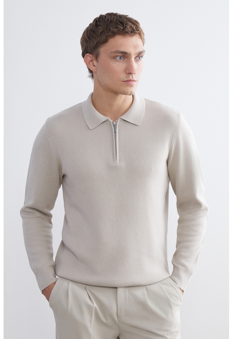 Pulover de bumbac cu guler ascutit - Bej