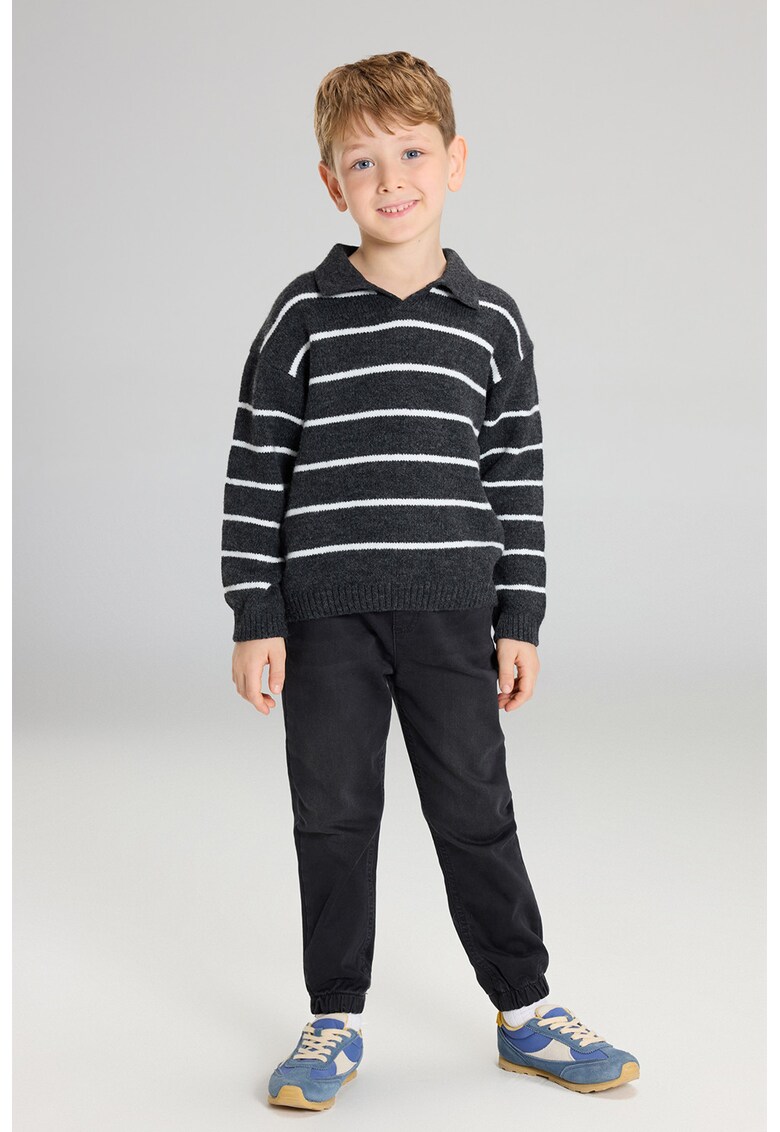 Pulover cu decolteu in V si dungi - Alb/Gri antracit