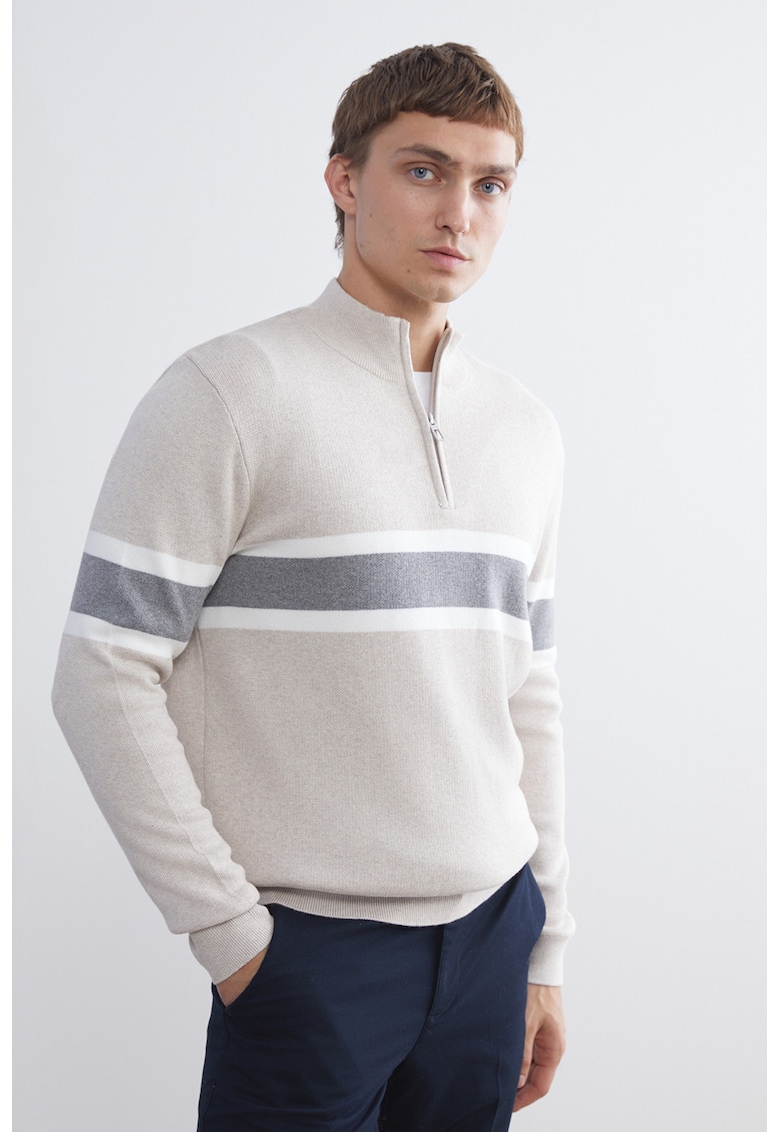 Pulover cu dungi si fermoar scurt - Gri cenusiu/Bej melange