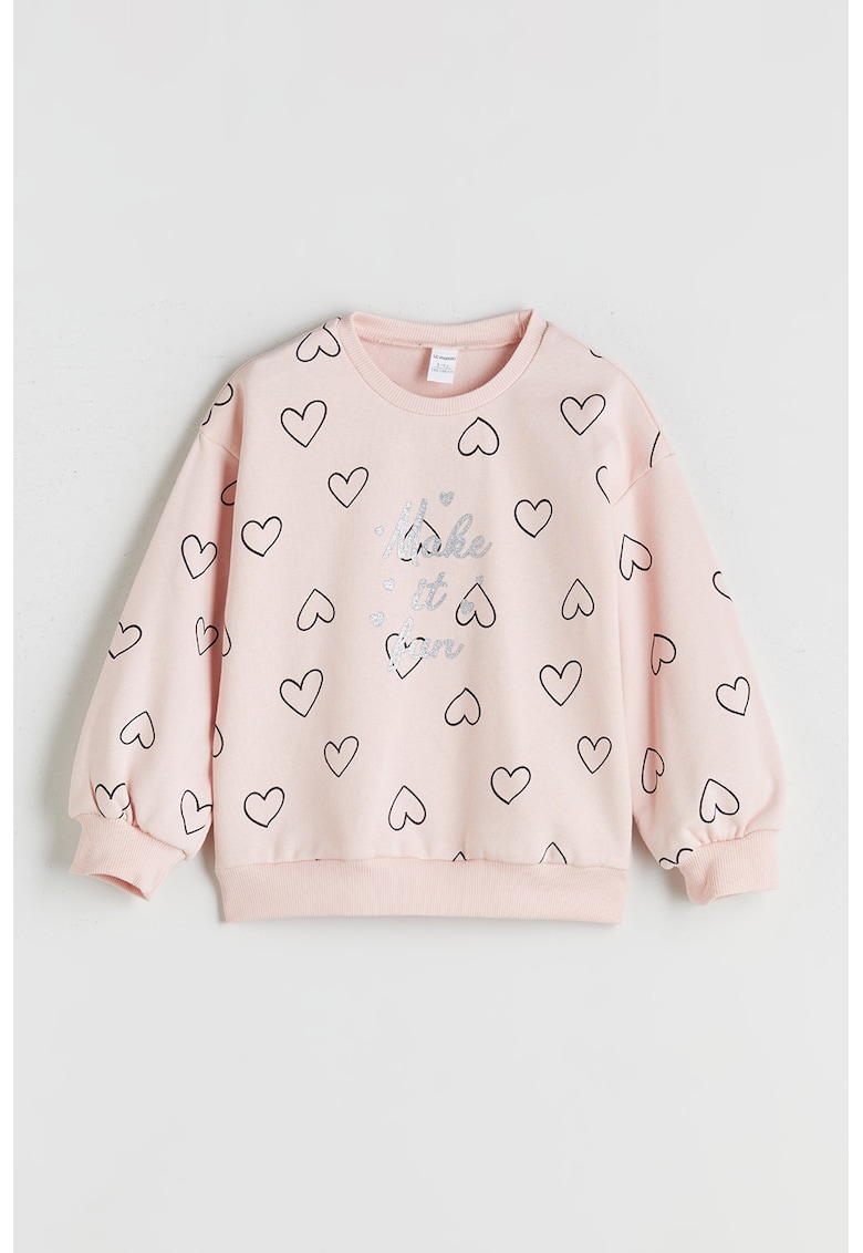 Bluza de trening cu design grafic si decolteu la baza gatului - Roz pastel