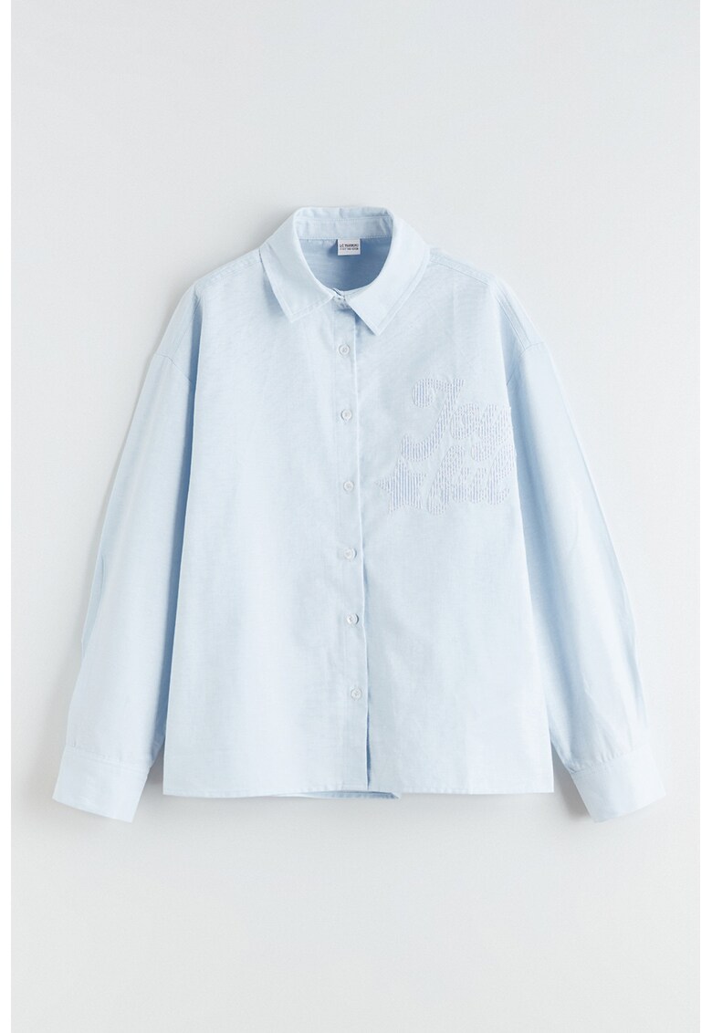 Camasa din amestec de bumbac cu text brodat - Albastru pastel