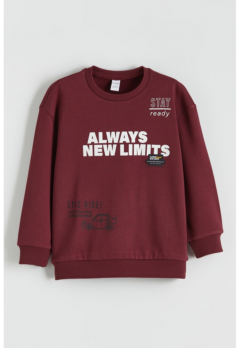 Bluza de trening cu decolteu la baza gatului si imprimeu text - Visiniu