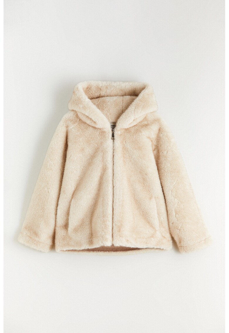 Jacheta cu blana sintetica si gluga - Crem