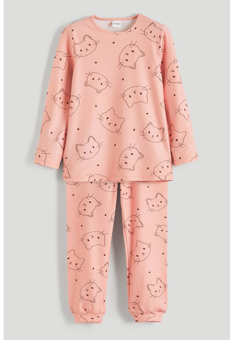 Pijama cu pantaloni lungi si model pisica - Roz