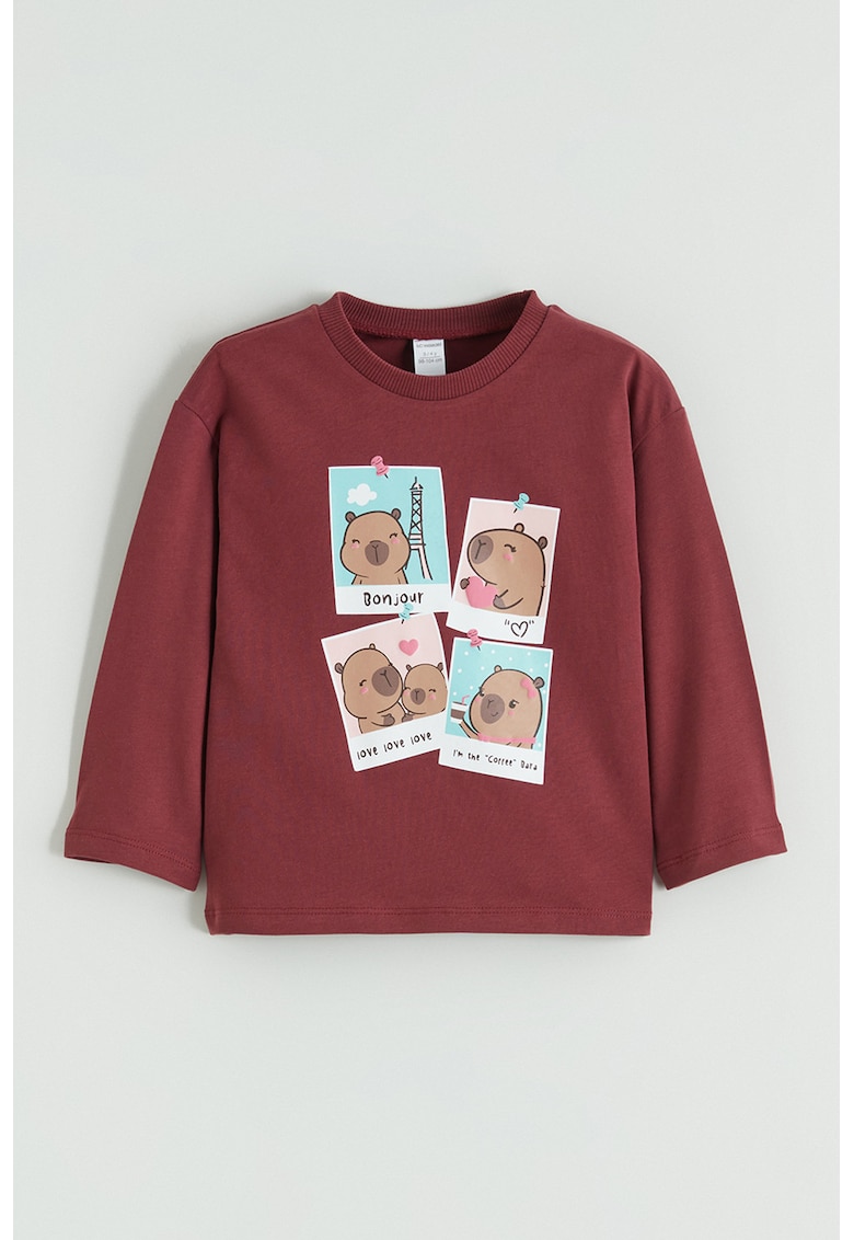 Bluza de bumbac cu imprimeu foto frontal - Rosu inchis