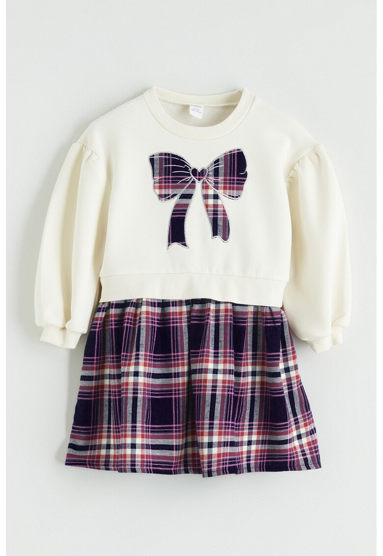 Rochie cu model 2 in 1 si model in carouri - Roz/Crem/Bleumarin