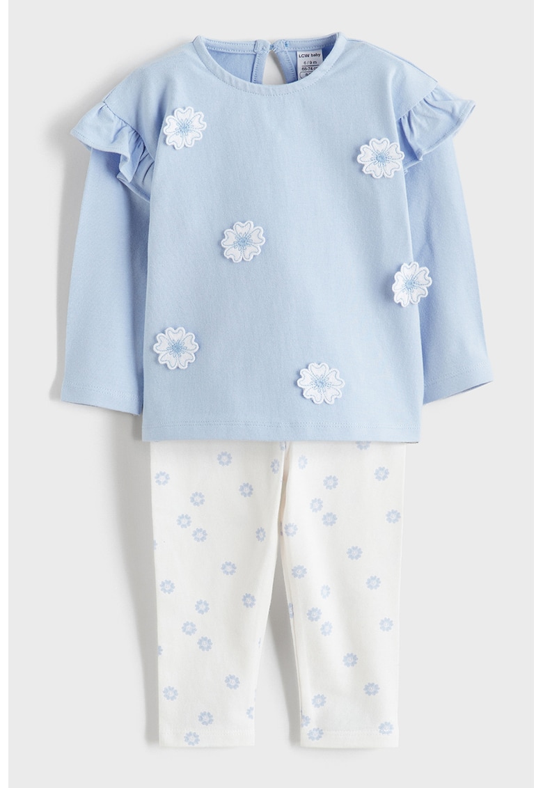 Set de pantaloni si bluza cu imprimeu - 2 piese - Albastru pastel/Alb fildes