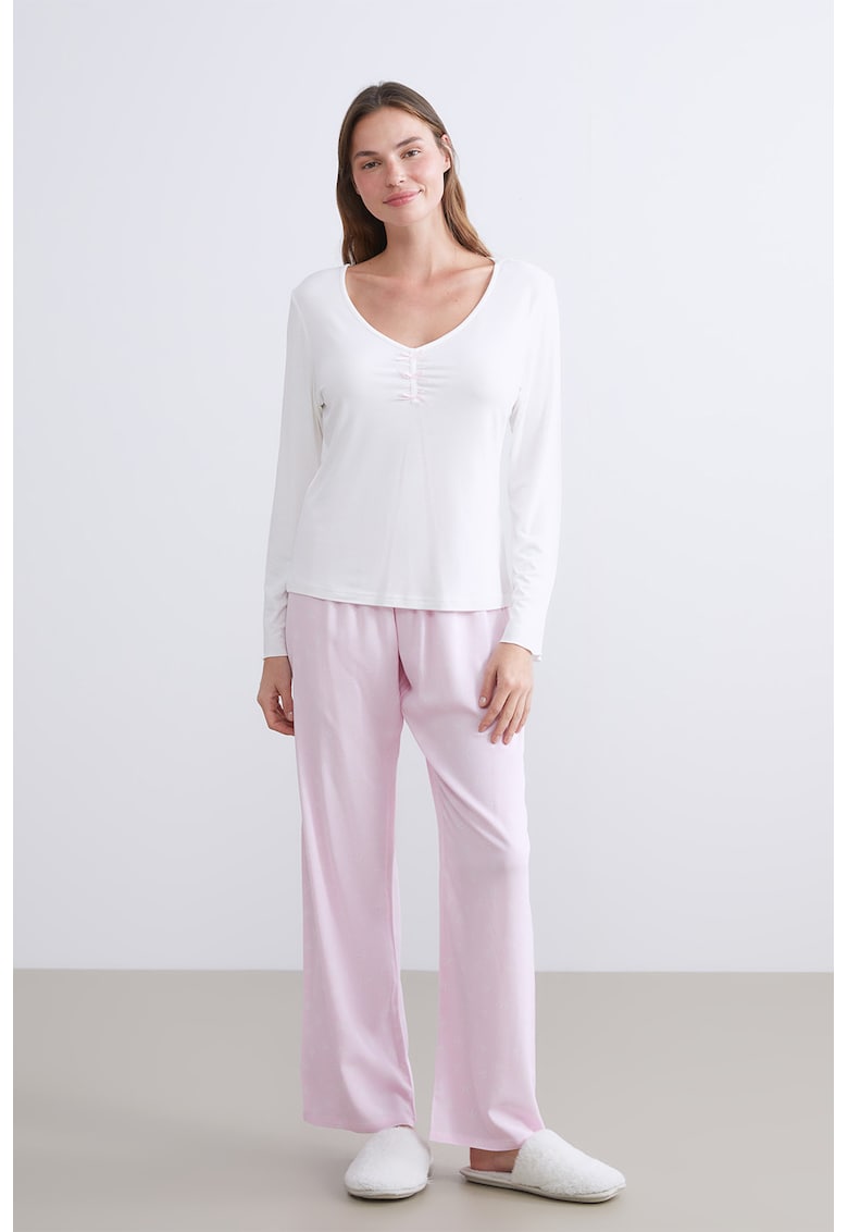 Pijama cu pantaloni lungi - decolteu rotund si model uni - Alb/Roz