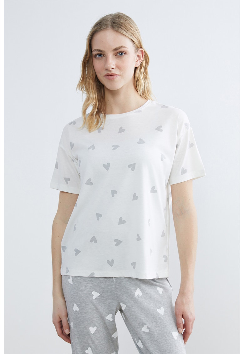 Tricou de pijama cu decolteu rotund si imprimeu inimi - Alb/Gri deschis