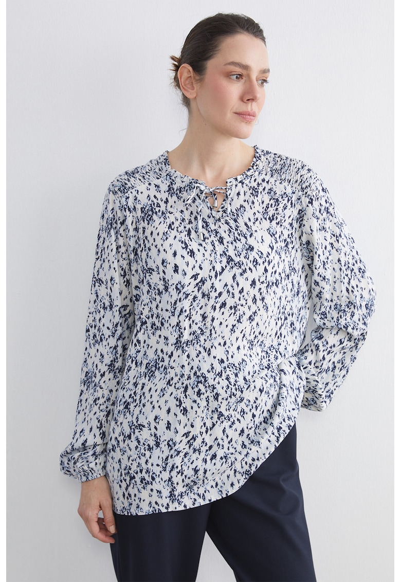 Bluza cu model si decolteu cu prindere cu snururi - Alb/Albastru
