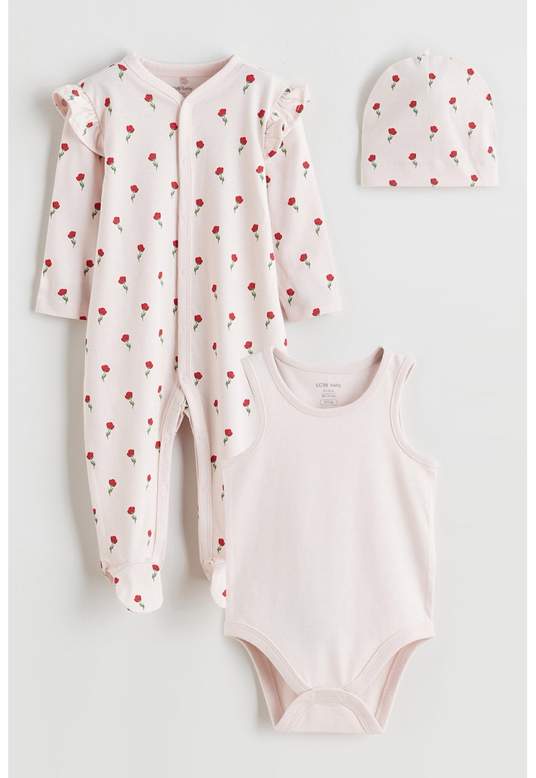 Set de caciula - body si salopeta cu model floral - 3 piese - Rosu/Alb fildes