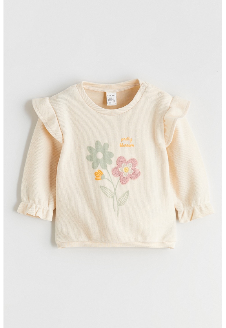 Bluza cu detaliu volan si model floral - Bej deschis