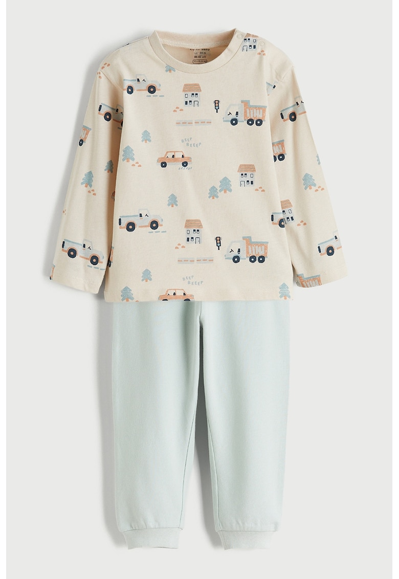 Set de pantaloni si bluza din amestec de bumbac cu imprimeu - 2 piese - Verde pal/Albastru/Bej deschis