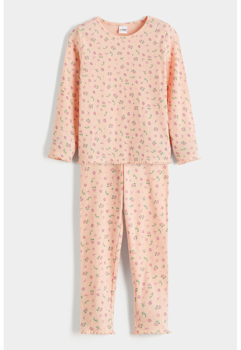 Pijama din bumbac cu imprimeu floral - Portocaliu pal