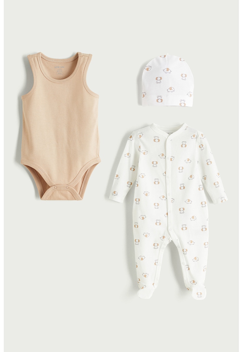 Set de body din bumbac - salopeta si caciula - 3 piese - Roz pal