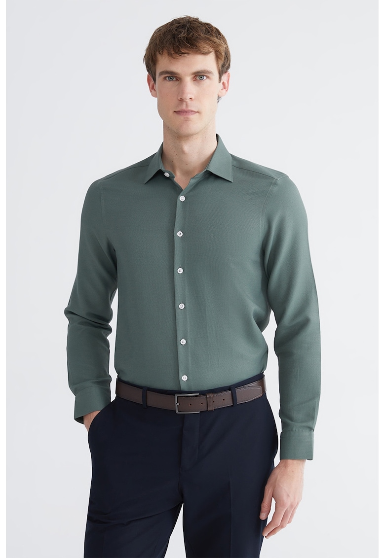 Camasa slim fit din material pique - Verde inchis