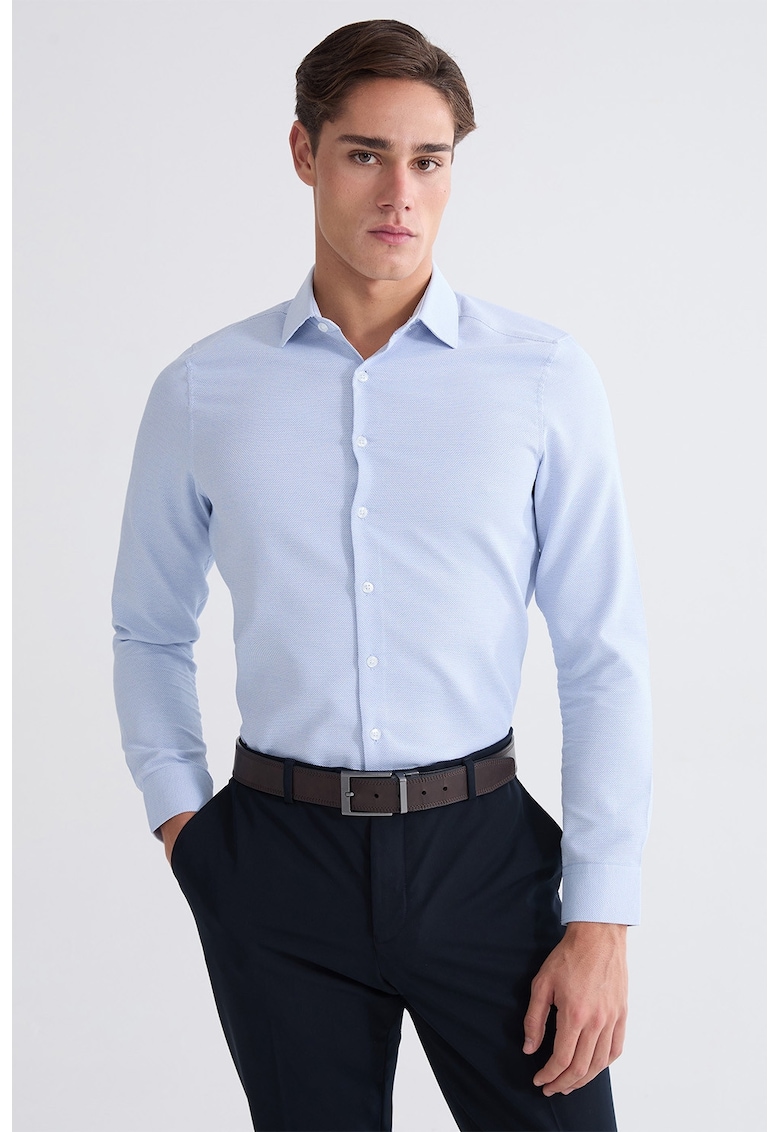 Camasa slim fit din material pique - Albastru deschis