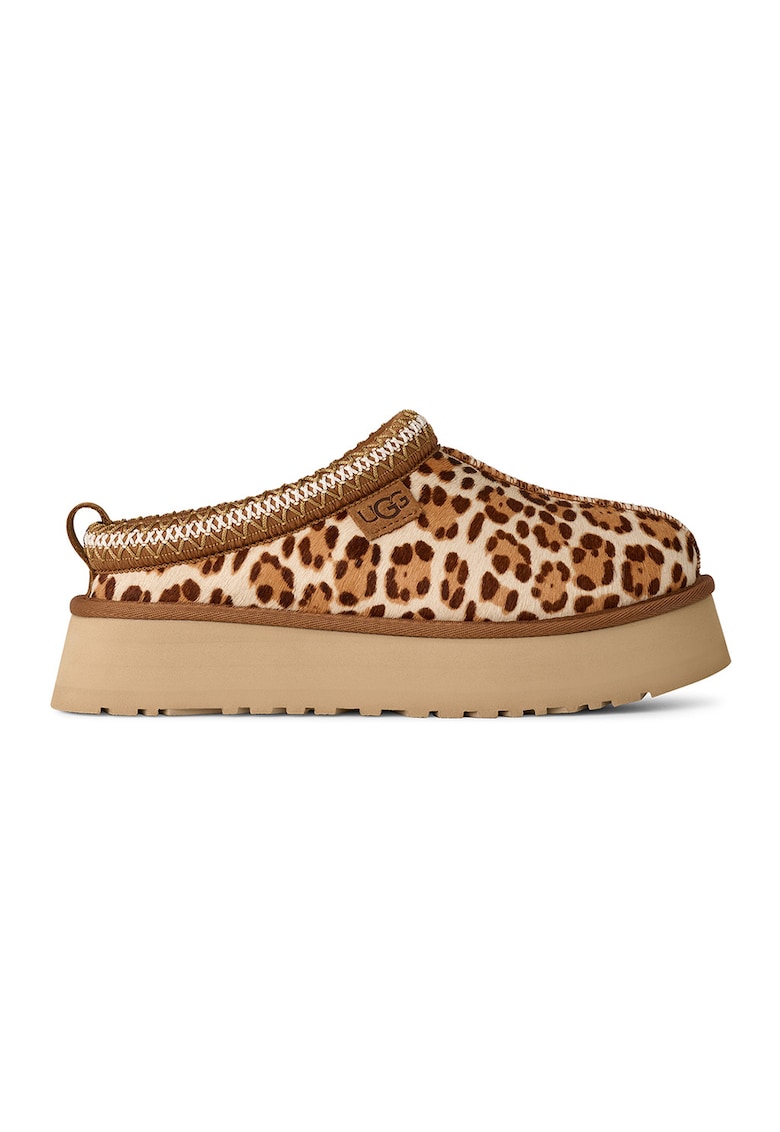 Saboti din piele cu par scurt cu model animal print Tazz - Maro/Crem