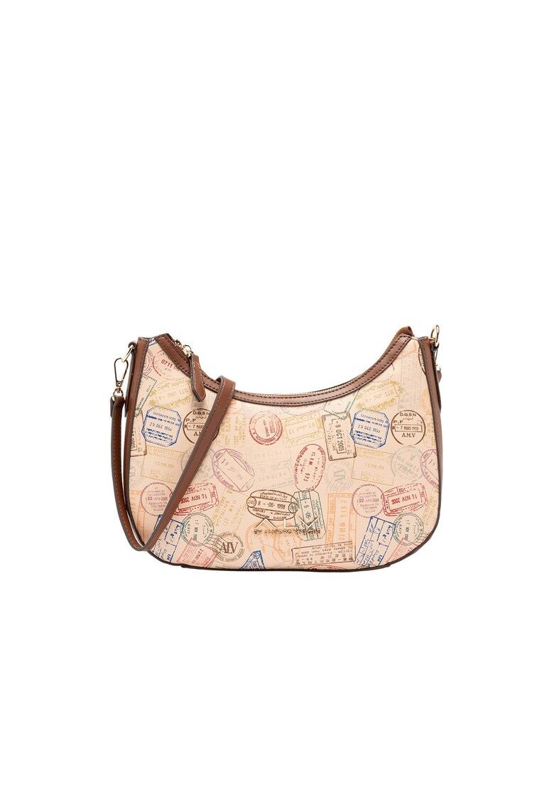 Geanta de piele ecologica cu maner si model - Maro/Bej deschis