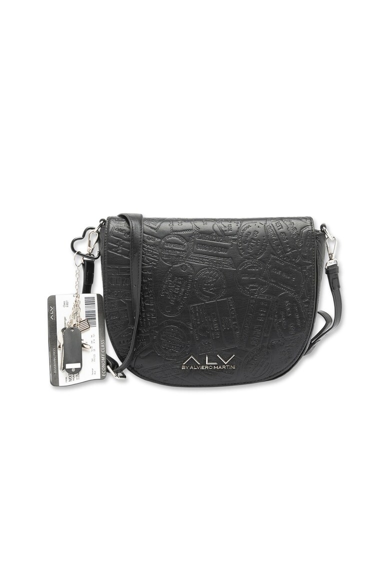 Geanta din piele ecologica cu bareta de umar si text stantat Serenia - Negru