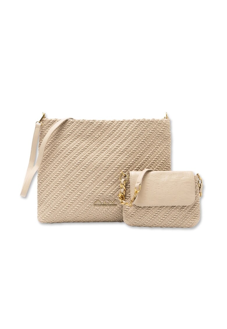 Set de genti din piele ecologica cu bareta de umar si aspect texturat Oriana Elite - Bej inchis