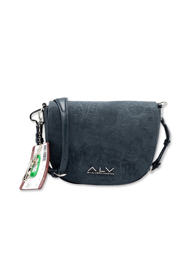 Geanta din piele ecologica cu bareta de umar si logo metalic Artemide Ultra - Bleumarin