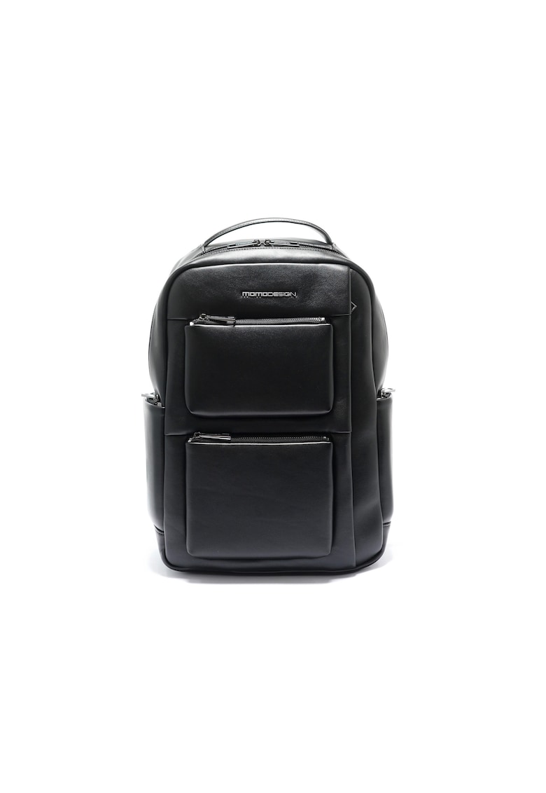 Rucsacdin piele ecologica cu buzunare frontale cu fermoar Obsidian Nova - Negru