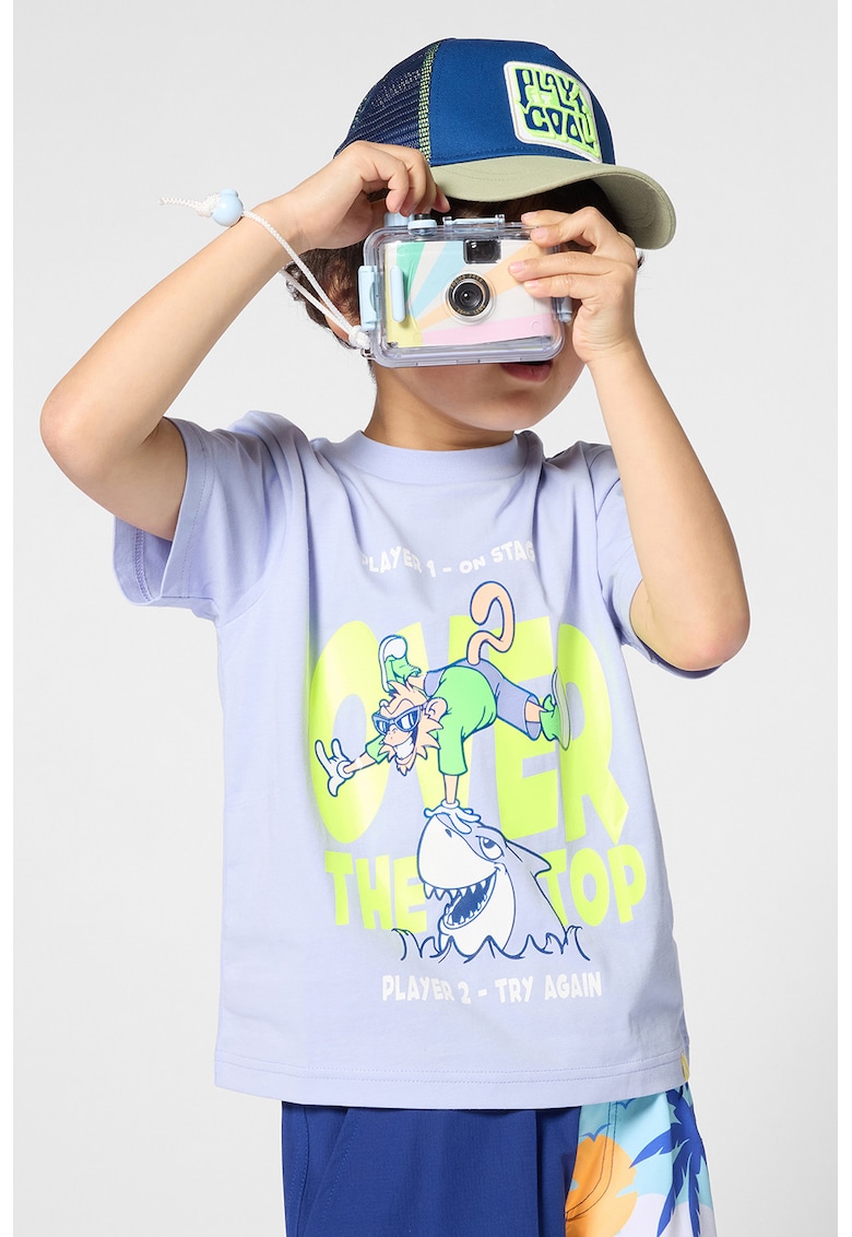 Tricou cu decolteu la baza gatului si imprimeu - Albastru prafuit