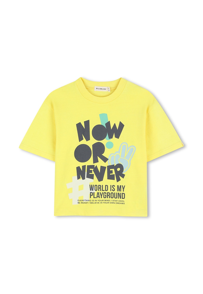 Tricou cu decolteu la baza gatului si imprimeu text - Galben